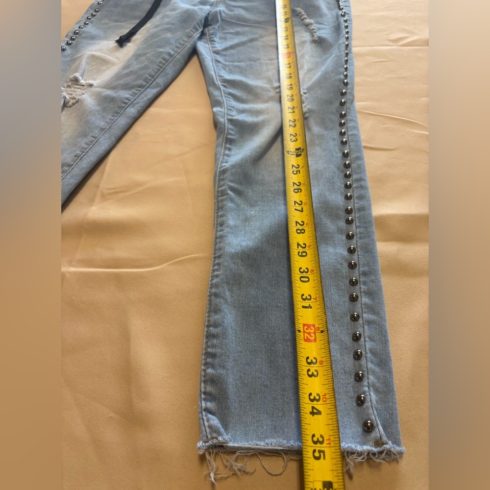 Women's Light Blue Distressed Skinny Jeans with Studded Details - Picture 6 of 15